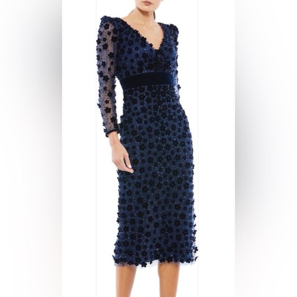 Mac Duggal Embellished V Neck Illusion Long Sleeve Column Midi NWT Style 67856